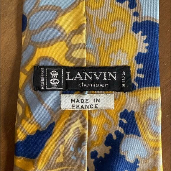 Vintage LANVIN Silk Tie 70s EUC Yellow Gold Blue France Abstract Floral Paisley - Picture 2 of 7